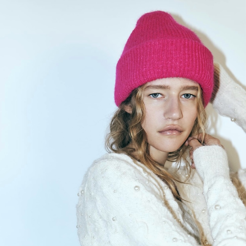 NWT Zara Turned Up Knit Beanie, Fuchsia